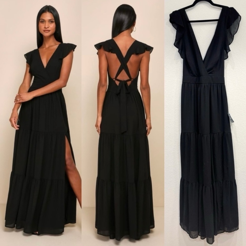 NWOT Lulus Charming Success Black Tiered Lace-Up Backless Maxi Dress